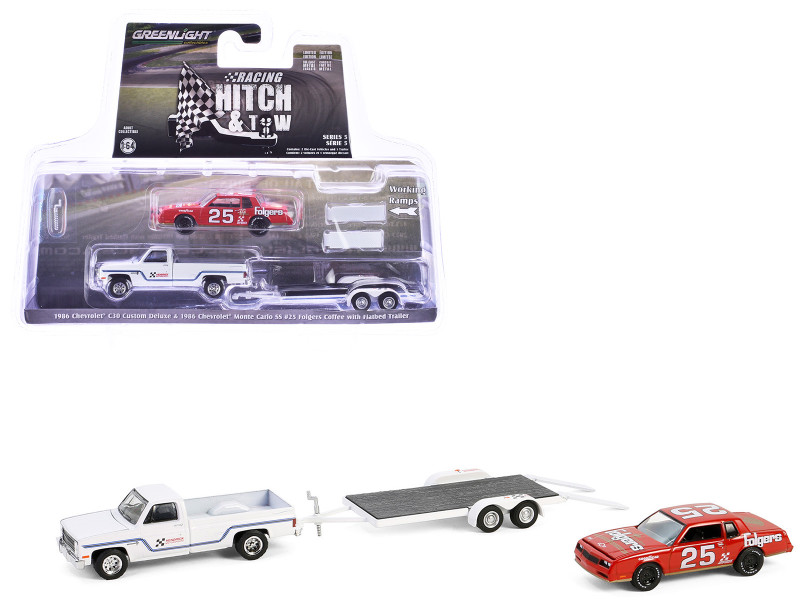 1986 Chevrolet C30 Custom Deluxe Pickup Truck White and 1986 Chevrolet Monte Carlo SS #25 Folgers Coffee Red with Flatbed Trailer Hendrick Motorsports Racing Hitch & Tow Series 5 1/64 Diecast Model Car Greenlight 31170B