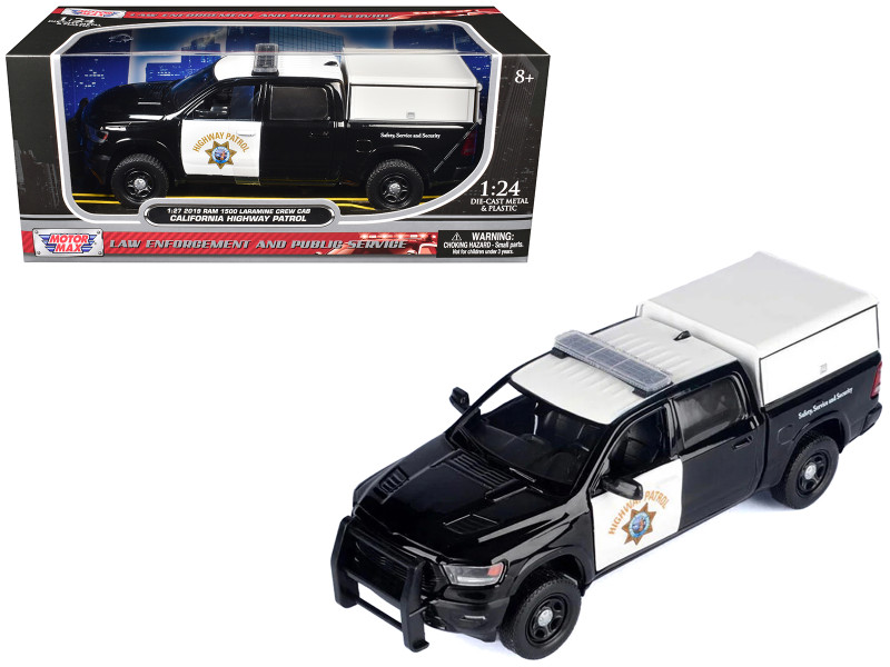 2019 RAM 1500 Laramine Crew Cab Pickup Truck California Highway Patrol Black and White with Truck Bed Camper Law Enforcement and Public Service Series 1/24-1/27 Diecast Model Car Motormax 76997