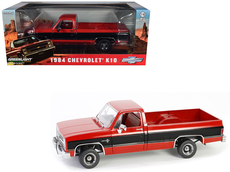 1984 Chevrolet K10 Scottsdale Pickup Truck Apple Red and Midnight Black with Red Interior 1/18 Diecast Model Car Greenlight 13686