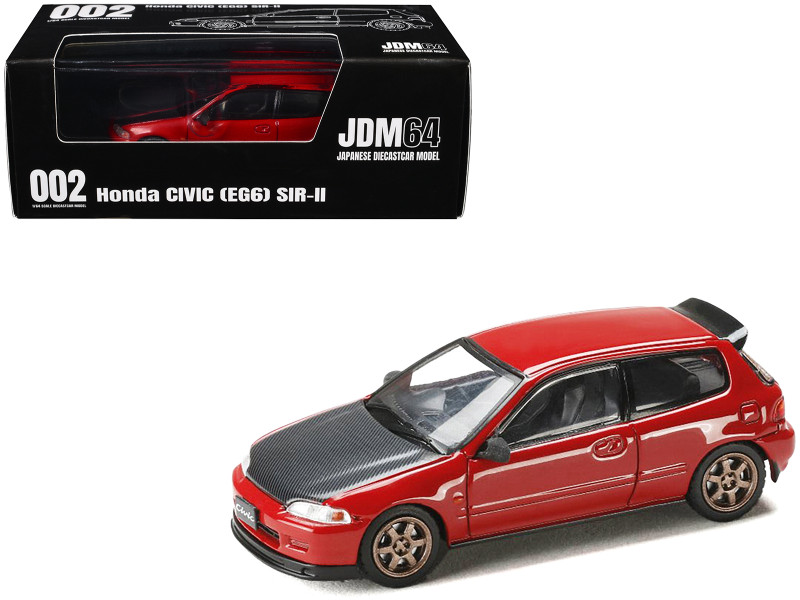 Honda Civic EG6 SIR II RHD Right Hand Drive Milano Red with Carbon Hood JDM64 Series 1/64 Diecast Model Car Hobby Japan HJDM002-8