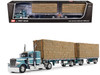 Peterbilt 389 36 Flat Top Sleeper with Utility Dual 28 5 Flatbed Trailers with Hay Loads Pacific Blue Metallic with White Stripes 1/64 Diecast Model DCP/First Gear 60-1831