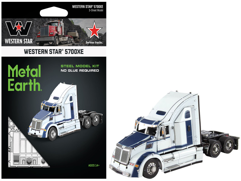 Model Kit Western Star 5700XE Phantom Truck White with Blue Stripes Challenging Difficulty Steel Model Metal Earth MMS177