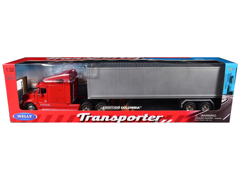 Freightliner Columbia Truck Red with Gray Container 1/32 Diecast Model Welly 32621W-RD