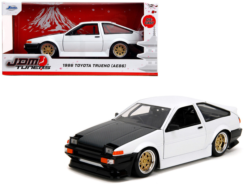 1986 Toyota Trueno AE86 RHD Right Hand Drive White with Black Hood JDM Tuners Series 1/24 Diecast Model Car Jada 359561986 Toyota Trueno AE86 RHD Right Hand Drive White with Black Hood JDM Tuners Series 1/24 Diecast Model Car Jada 35956