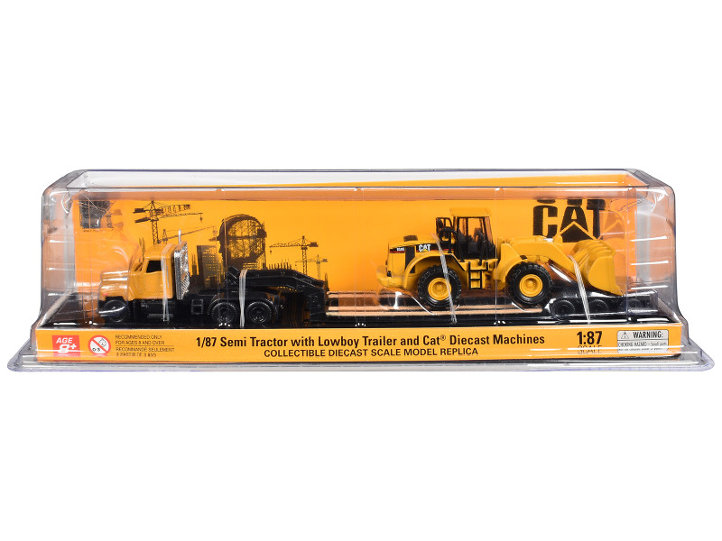 CAT Caterpillar CT681 Day Cab Tractor Yellow with Lowboy Trailer and CAT 950G Wheel Loader Yellow 1/87 (HO) Diecast Model Diecast Masters 84418