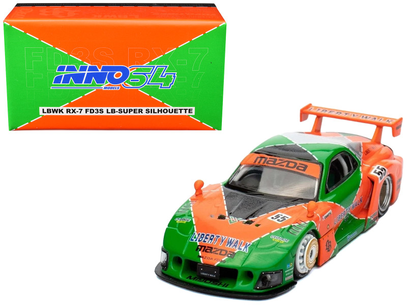 Mazda RX7 FD3S LB Super Silhouette RHD Right Hand Drive #55 Green and Orange with Graphics Tokyo Auto Salon 2024 Malaysia Diecast Expo 2024 1/64 Diecast Model Car Inno Models IN64-LBWK-RX7-04