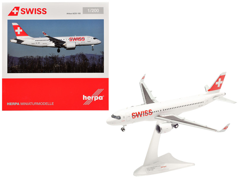 Airbus A220 100 Commercial Aircraft Swiss International Air Lines HB JBH White with Red Tail 1/200 Diecast Model Airplane Herpa HE558471-002