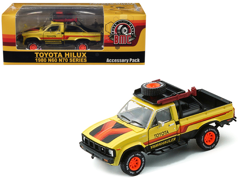 1980 Toyota Hilux Pickup Truck RHD Right Hand Drive Yellow with Stripes and Accessories 1/64 Diecast Model Car BM Creations 64B0385