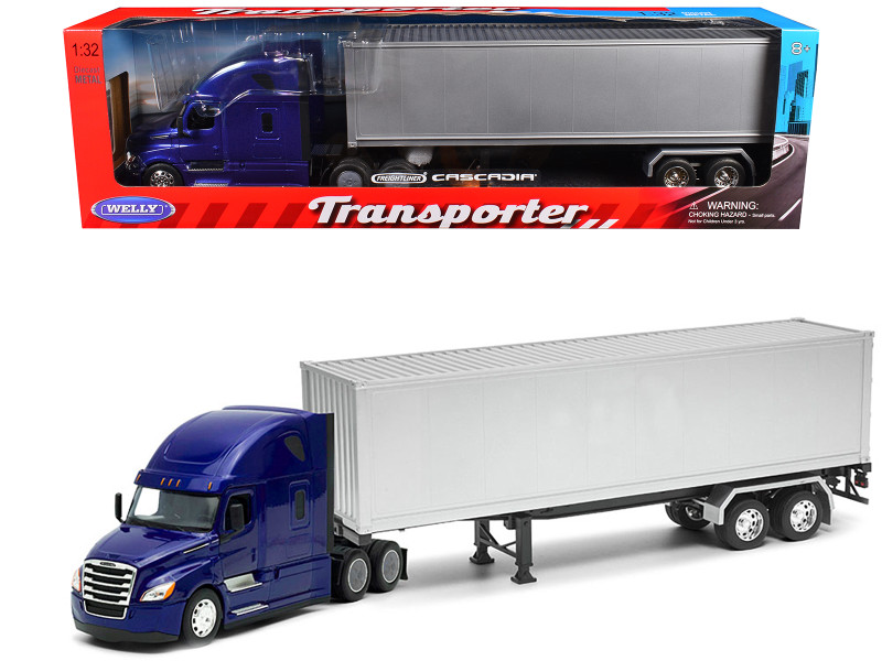 Freightliner Cascadia Truck Blue Metallic with Gray Container Transporter Series 1/32 Diecast Model Welly 32696W-BL