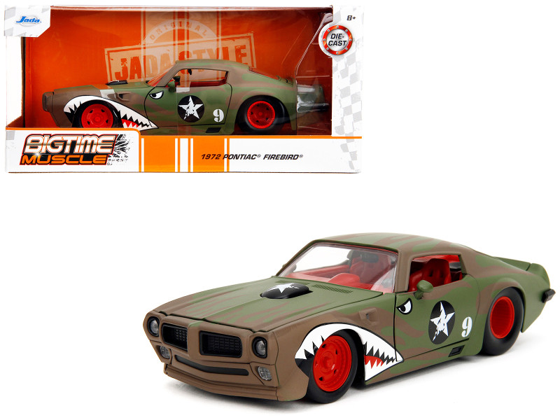 1972 Pontiac Firebird #9 Green Camouflage Flames with Graphics and Red Interior Bigtime Muscle Series 1/24 Diecast Model Car Jada 35212