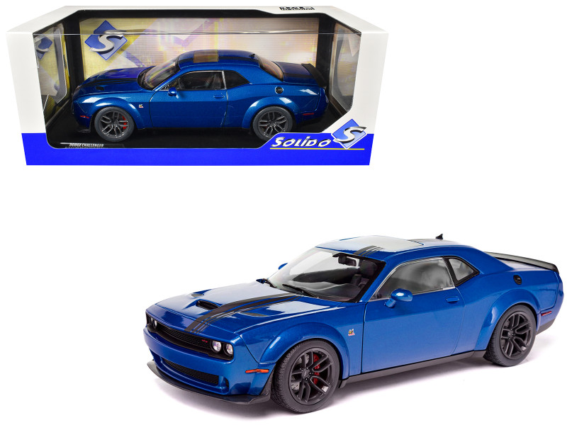 Dodge Challenger R T Scat Pack Widebody Electric Blue Metallic with Black Stripes 1/18 Diecast Model Car Solido S1805710