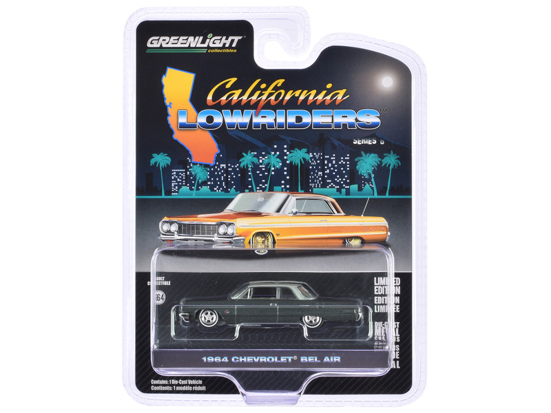 1964 Chevrolet Bel Air Dark Gray Metallic and Silver Metallic California Lowriders Series 6 1/64 Diecast Model Car Greenlight 63070D