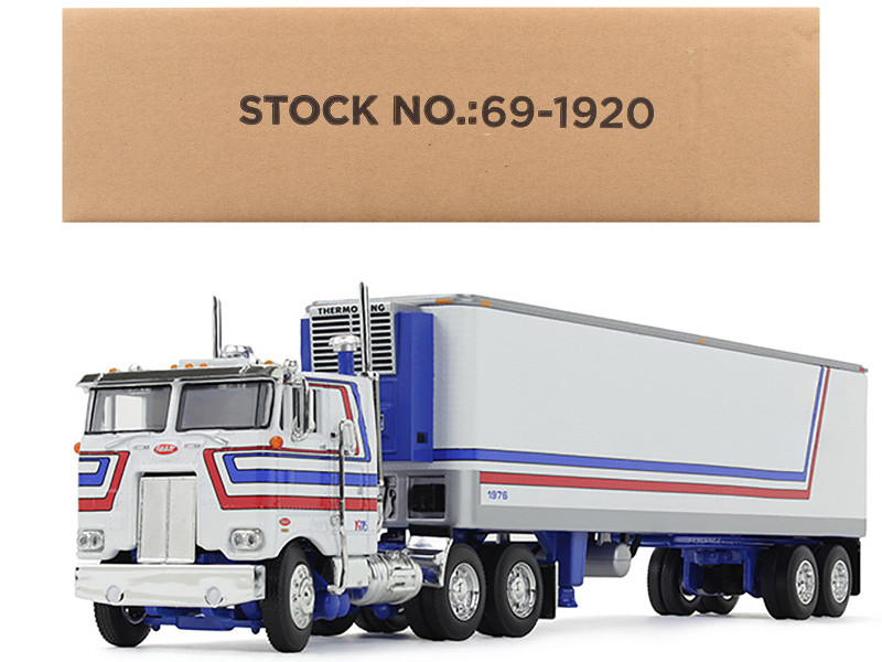 Peterbilt 352 COE 86 Sleeper and 40 Vintage Refrigerated Trailer White with Blue and Red Stripes Bicentennial Patriot 1/64 Diecast Model DCP/First Gear 69-1920