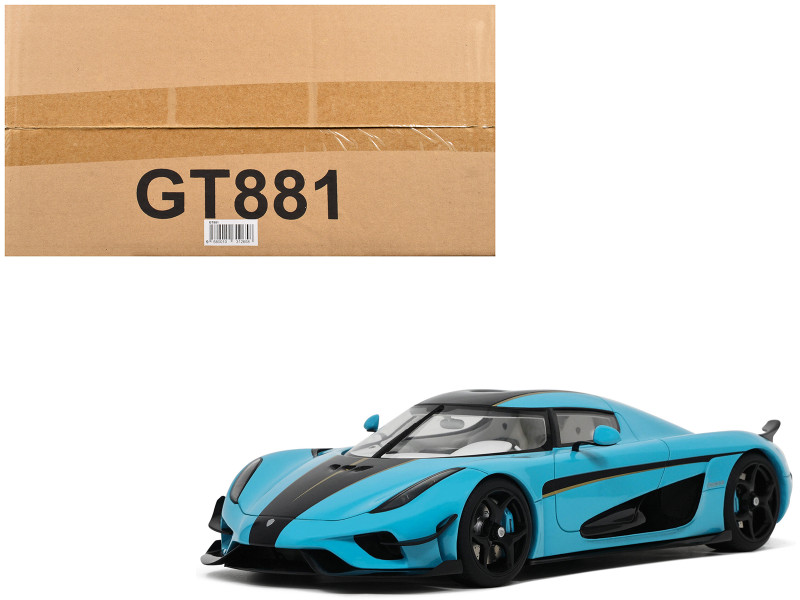 2018 Koenigsegg Regera Baby Blue with Black Stripes and White Interior 1/18 Model Car GT Spirit GT881