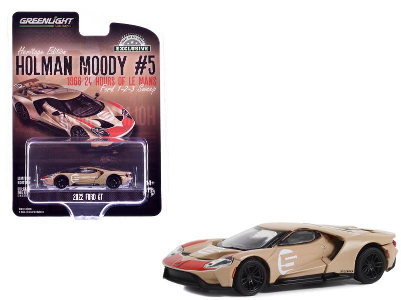 2022 Ford GT Heritage Edition #5 Holman Moody 1966 24 Hours of Le Mans Ford 1 2 3 Sweep Tribute Gold Metallic with Red Accents Hobby Exclusive Series 1/64 Diecast Model Car Greenlight 30413