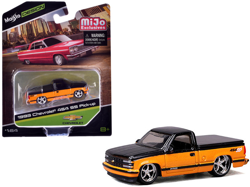 1993 Chevrolet 454 SS Pickup Truck Black and Orange Metallic Maisto Design Series 1/64 Diecast Model Car Maisto 15494-23B