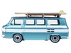 1961 Chevrolet Corvair Greenbrier Passenger Wagon Van Turquoise Metallic and Cameo White with Surfboards on Roof 1/87 (HO) Scale Diecast Model Car Oxford Diecast 87CG61001