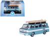 1961 Chevrolet Corvair Greenbrier Passenger Wagon Van Turquoise Metallic and Cameo White with Surfboards on Roof 1/87 (HO) Scale Diecast Model Car Oxford Diecast 87CG61001