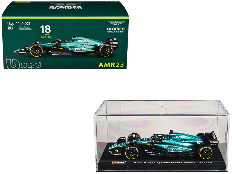 Aston Martin AMR23 #18 Lance Stroll Cognizant Aramco F1 Team Formula One F1 World Championship 2023 with Display Case Race Series 1/43 Diecast Model Car Bburago 38091LS