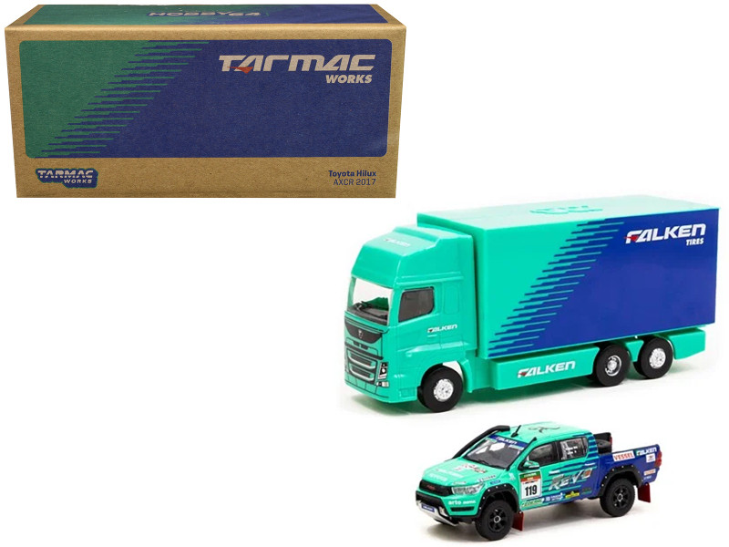 2017 Toyota Hilux AXCR Pickup Truck RHD Right Hand Drive #119 Green and Blue Falken Livery with Plastic Transporter Packaging Falken Tires 1/64 Diecast Model Car Tarmac Works T64-041-FAL