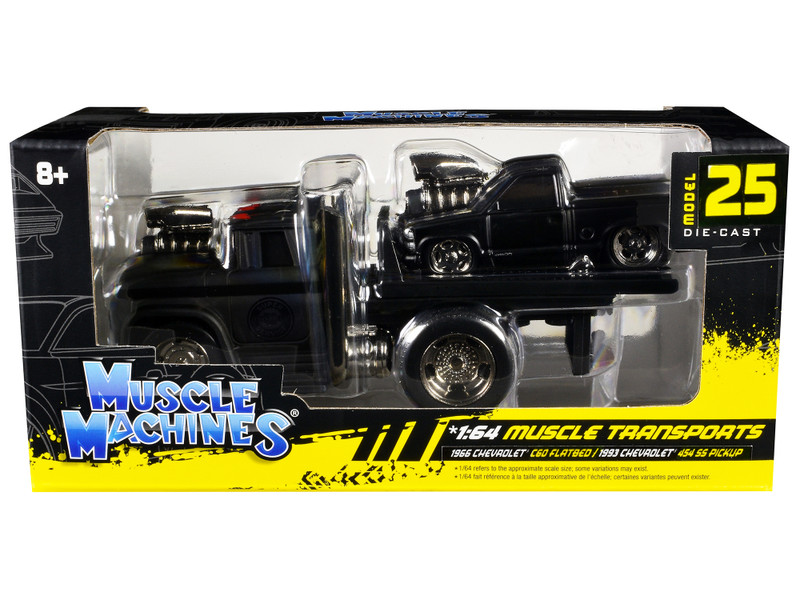 1966 Chevrolet C60 Flatbed Truck Matt Black and 1993 Chevrolet 454 SS Pickup Truck Matt Black Muscle Transports Series 1/64 Diecast Models Muscle Machines 11558BK