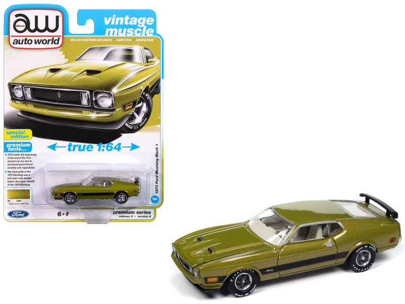 1973 Ford Mustang Mach 1 Bright Green Gold Metallic with Black Stripes Vintage Muscle Series 1/64 Diecast Model Car Auto World 64482-AWSP173A