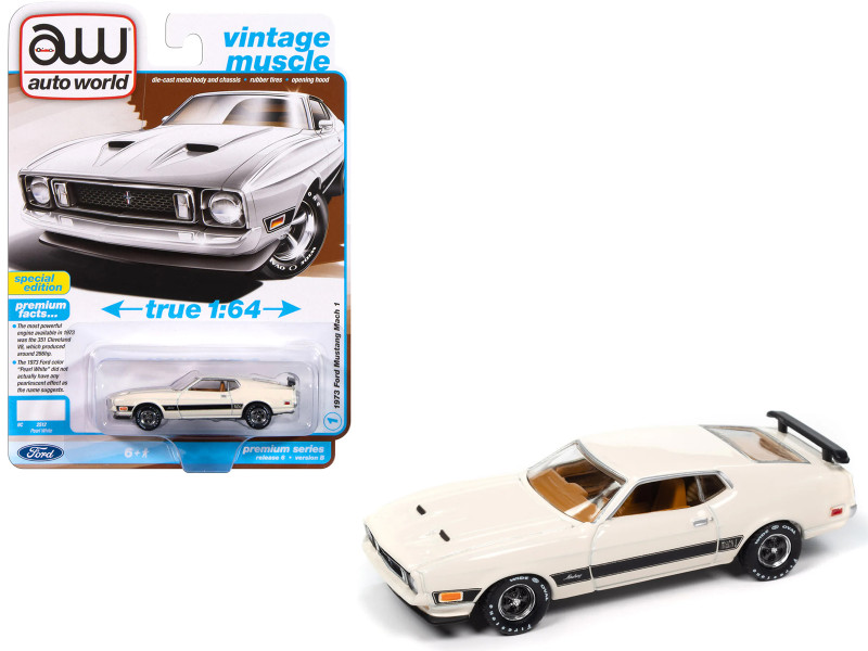 1973 Ford Mustang Mach 1 Pearl White with Black Stripes Vintage Muscle Series 1/64 Diecast Model Car Auto World 64482-AWSP173B