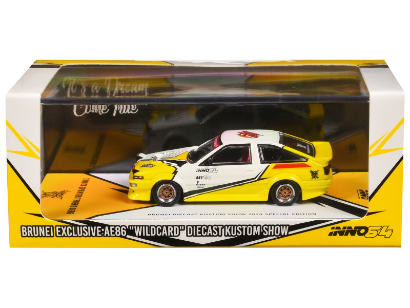 Toyota Sprinter Trueno AE86 RHD Right Hand Drive Brunei Diecast Kustom Show 2024 White and Yellow with Graphics 1/64 Diecast Model Car Inno Models IN64-AE86T-BDKS24