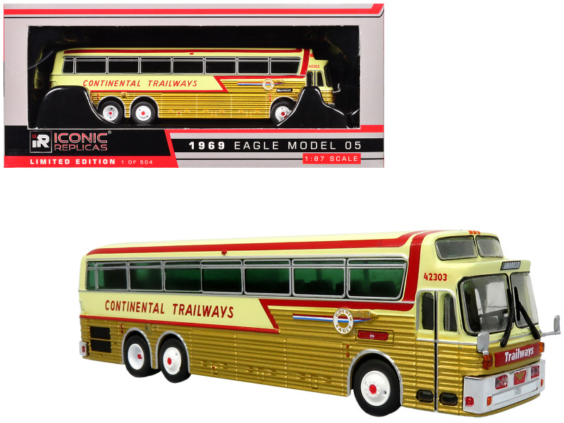 1969 Eagle Model 05 Coach Bus Golden Eagle Continental Trailways Gold Metallic and Cream with Red Stripes Limited Edition to 504 pieces Worldwide 1/87 (HO) Diecast Model Iconic Replicas 87-0545