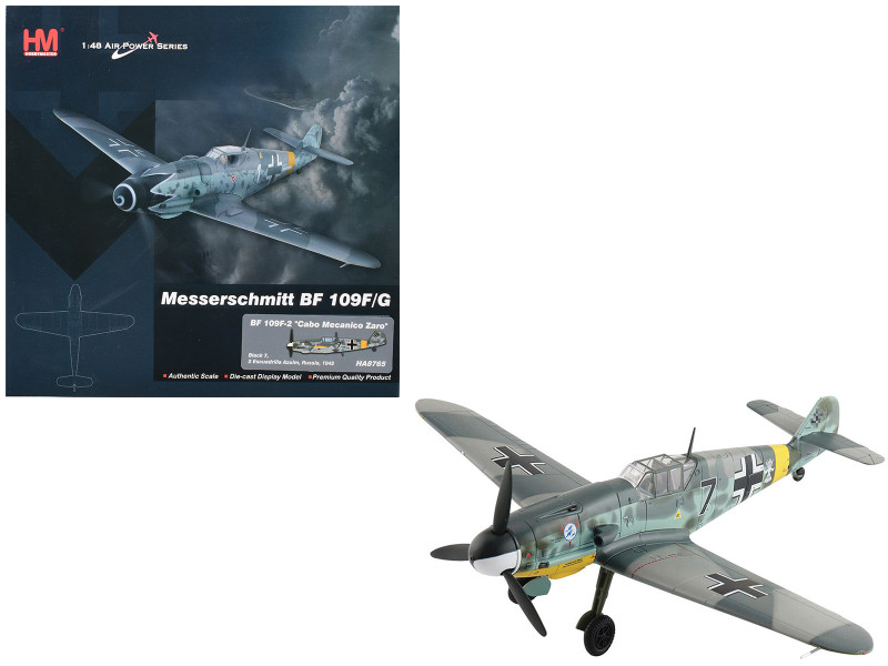 Messerschmitt Bf 109F 2 Fighter Aircraft Black 7 Cabo Mecanico Zaro 2 Escuadrilla Azul, Russia 1942 Spanish Air Force Air Power Series 1/48 Diecast Model Hobby Master HA8765