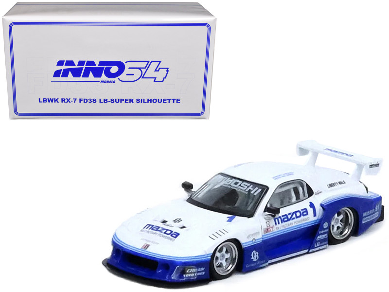 Mazda RX7 FD3S LB Super Silhouette RHD Right Hand Drive #1 White and Blue Hong Kong Toy Car Salon 2024 Special Edition 1/64 Diecast Model Car Inno Models IN64-LBWK-RX7-06