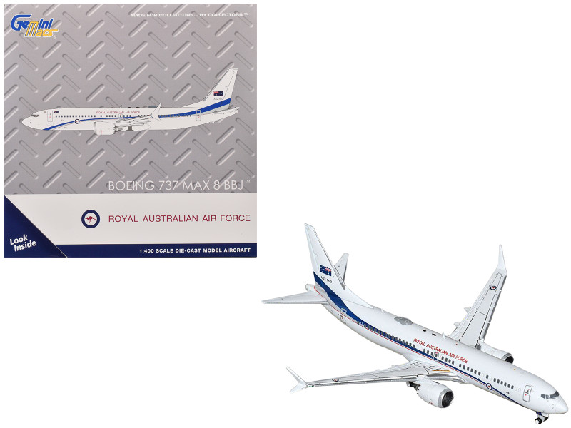 Boeing 737 MAX 8 BBJ Transport Aircraft Royal Australian Air Force RAAF A62 002 White with Blue Stripes Gemini Macs Series 1/400 Diecast Model Airplane GeminiJets GM145