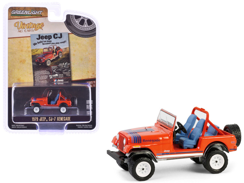 1979 Jeep CJ 7 Renegade Red with Blue Stripes We Build em Tough Because you Play Rough" Vintage Ad Cars Series 11 1/64 Diecast Model Car Greenlight 39150F