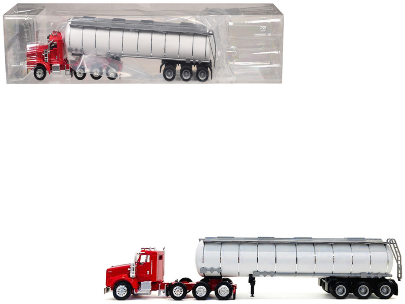 Kenworth T800 Tag Axle Red with White Chemical Tanker Trailer 1/87 (HO) Plastic Model Car Promotex 006609R