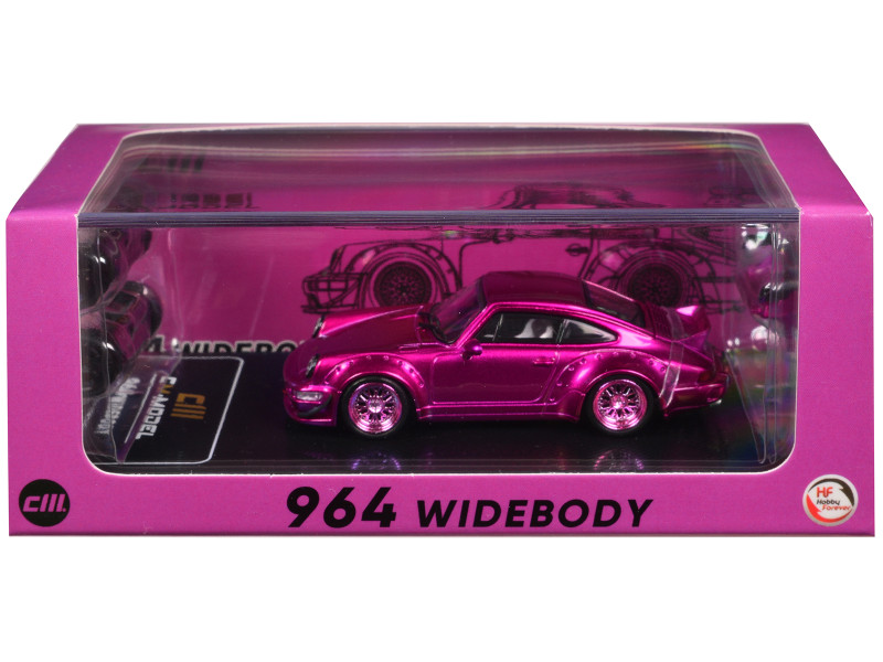 Porsche 964 Widebody Hot Pink Metallic with Extra Wheels and Wing 1/64 Diecast Model Car CM Model CM64-964-INA