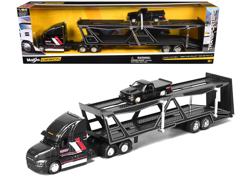 Mack Anthem Open Car Hauler Black with Red and White Stripes Kenzie s Transport Services and 1993 Chevrolet 454 SS Pickup Truck Black Transporters Series 1/64 Diecast Models Maisto 11454BK