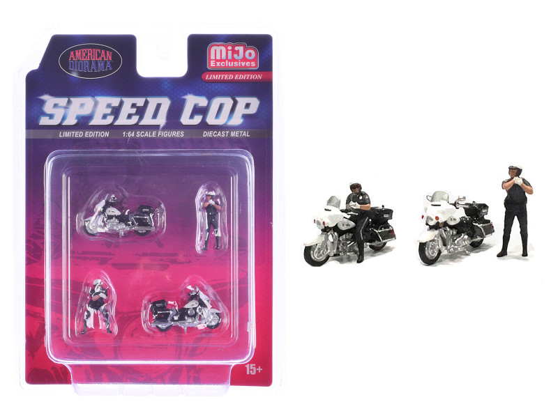 Speed Cop 4 piece Diecast Figure Set 2 Figures 2 Motorcycles Limited Edition for 1/64 Scale Models American Diorama AD-64530MJ