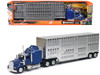 Kenworth W900 Truck Blue with Potbelly Livestock Trailer Chrome Long Haul Truckers Series 1/43 Diecast Model New Ray 15243B