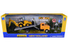 Peterbilt 335 Roll Off Flatbed Truck and New Holland B110C Backhoe Loader with Street Signs New Holland Construction Diecast Models New Ray 16183