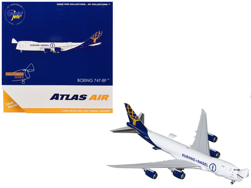 Boeing 747 8F Commercial Aircraft Atlas Air Kuehne Nagel N862GT White with Blue Tail Interactive Series 1/400 Diecast Model Airplane GeminiJets GJ2205