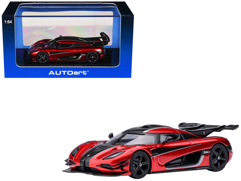 Koenigsegg One 1 Apple Red Metallic with Carbon and Silver Stripes 1/64 Diecast Model Car Autoart 20040