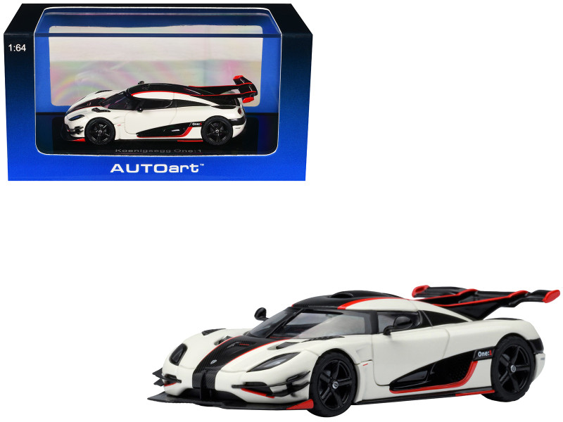 Koenigsegg One 1 Pebble White with Carbon and Red Stripes 1/64 Diecast Model Car Autoart 20041
