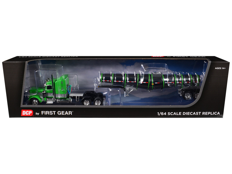 Peterbilt 389 with 48 Mid Roof Sleeper and Polar Deep Drop Trailer Green and Silver 1/64 Diecast Model DCP/First Gear 60-1934