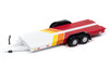 1980 Toyota Land Cruiser Pickup Truck White and Red with Stripes and Open Car Trailer Limited Edition Tow & Go Series 1/64 Diecast Model Car Johnny Lightning JLBT021-JLSP401