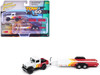 1980 Toyota Land Cruiser Pickup Truck White and Red with Stripes and Open Car Trailer Limited Edition Tow & Go Series 1/64 Diecast Model Car Johnny Lightning JLBT021-JLSP401