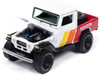 1980 Toyota Land Cruiser Pickup Truck White and Red with Stripes and Open Car Trailer Limited Edition Tow & Go Series 1/64 Diecast Model Car Johnny Lightning JLBT021-JLSP401