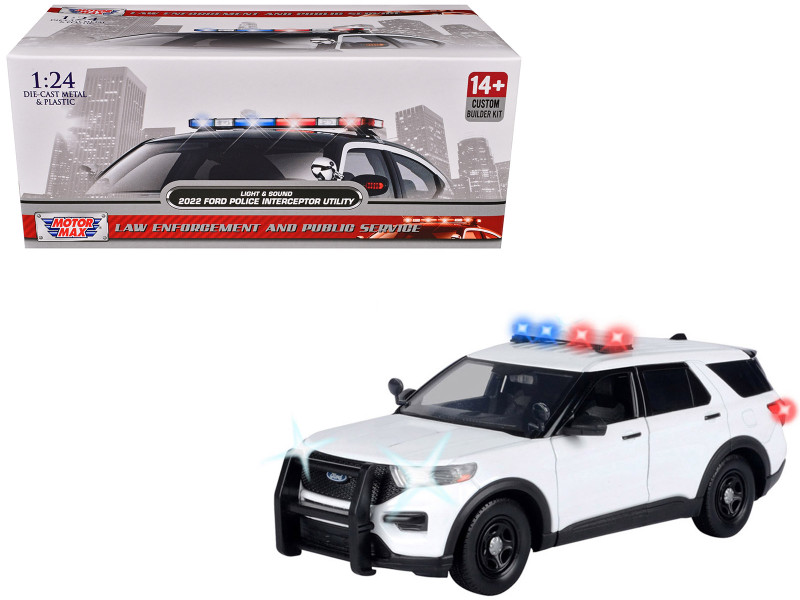 2022 Ford Police Interceptor Utility Plain White Builder s Kit with Flashing Light Bar and Front and Rear Lights and Sounds 1/24 Diecast Model Car Motormax 79541W