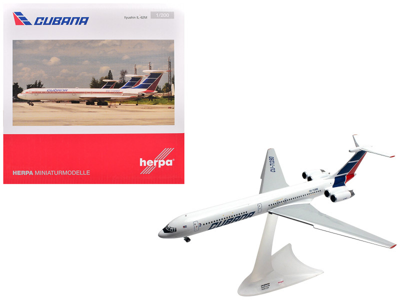 Ilyushin IL 62M Commercial Aircraft Cubana de Aviacion T1280 White with Blue and Red Tail 1/200 Diecast Model Airplane Herpa HE573405