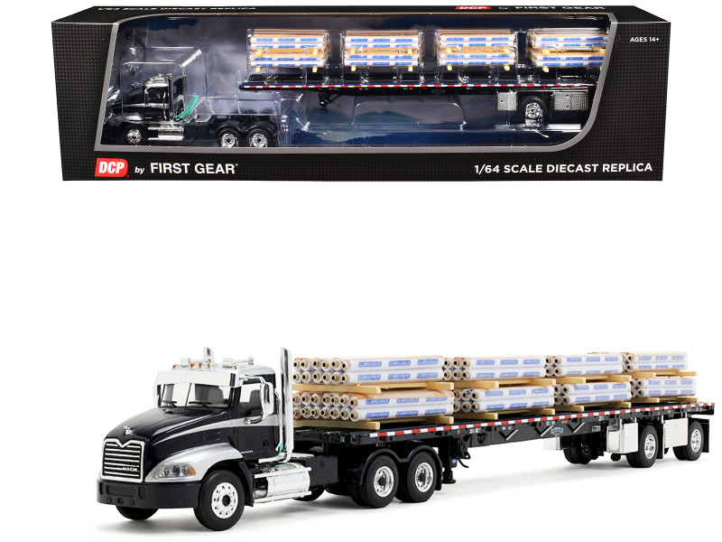 Mack Pinnacle Day Cab with Minimizer Parts & 53 Wilson Roadbrute Flatbed Trailer with Carlisle Roofing Loaded Pallets Black with Silver Top and Stripes 1/64 Diecast Model DCP/First Gear 60-1954