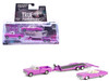 1974 Cadillac Eldorado Convertible Pink and 1972 Chevrolet C 30 Pickup Truck Pink with Heavy Duty Car Hauler True Romance 1993 Movie Hollywood Hitch & Tow Series 13 1/64 Diecast Model Cars Greenlight 31180C